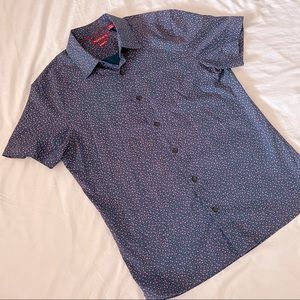 Short Sleeve Blue Dress-shirt with tiny pink flowers